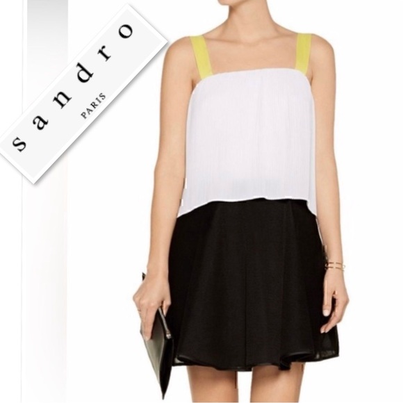 SANDRO Made In Portugal Two Tiered Color-block White/Black Yellow Plisse Dress 2 - Picture 2 of 11